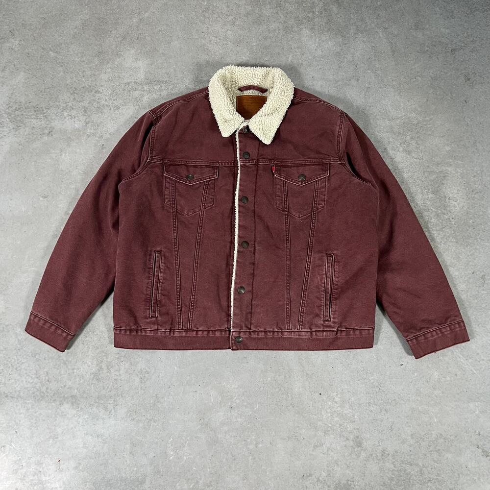 Levi's Premium Sherpa Lined Trucker Men'sJacket Size XL Maroon Burgundy Denim